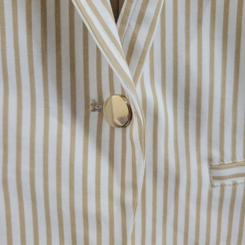 CHICO'S coastal tan striped cotton blend tab-sleeve single-button lined blazer